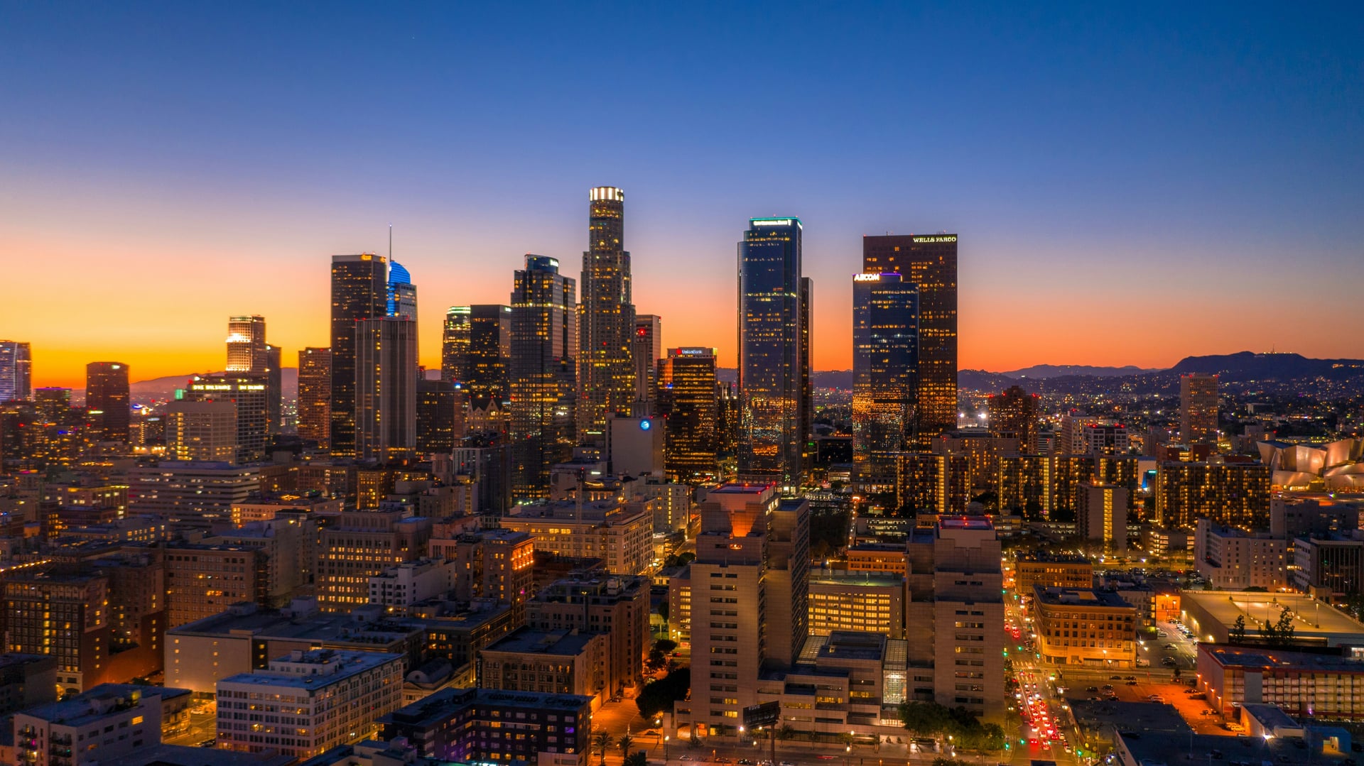 Downtown Los Angeles skyline at twilight